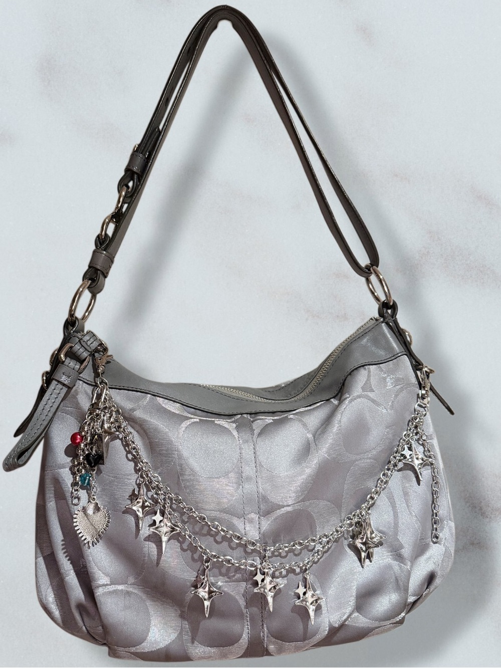 Coach Silver Signature Monogram Shoulder Bag with Charm Chain
